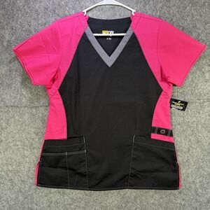 WonderFLEX Scrub Top Womens Small Black Pink V Neck Nursing Medical Uniform